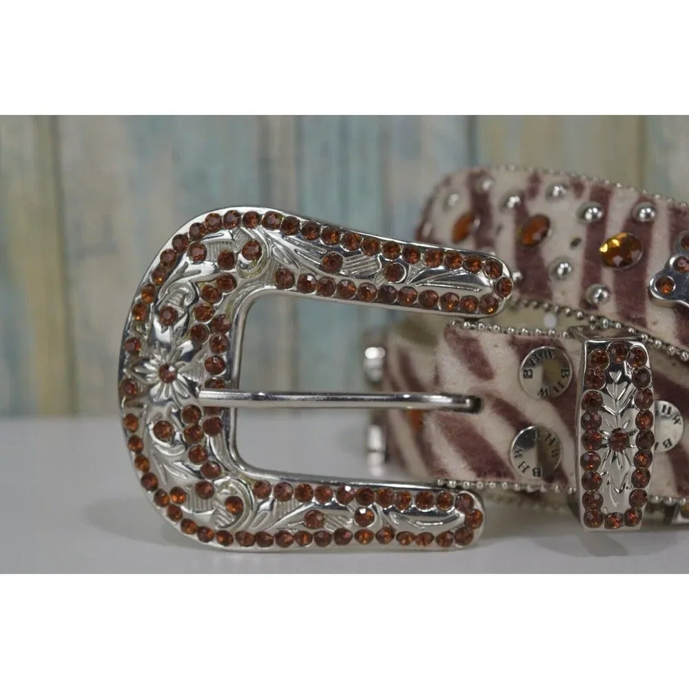 BHW Rhinestone Western Belt Brown Cow Hair Size M 32 Conch Jewel Gemstone Buckle